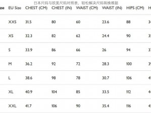 日本尺码与欧美尺码对照表，轻松解决尺码转换难题