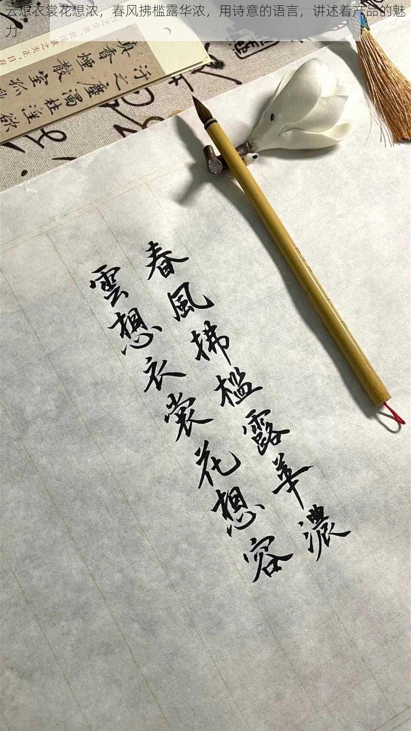 云想衣裳花想浓，春风拂槛露华浓，用诗意的语言，讲述着产品的魅力